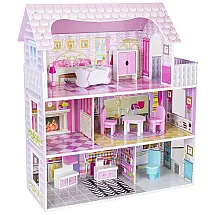 Casa de Bonecas de Madeira com 9 Acessórios E 3 Andares para Crianças a partir de 3 anos, Wooden, Rosa