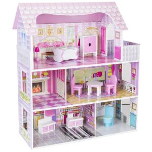 Casa de Bonecas de Madeira com 9 Acessórios E 3 Andares para Crianças a partir de 3 anos, Wooden, Rosa