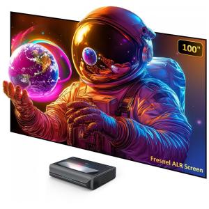 Projetor a laser 4K tri‑color UST NexiGo Aurora Pro MKII preto com tela Fresnel ALR 100", calibração de cor de fábrica, HDR Dolby Vision