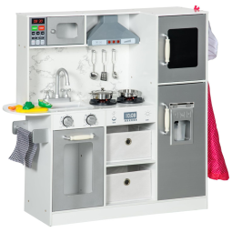 Cozinha Infantil com Som, Luz, Avental, Chapéu de Chef, Máquina de Fazer Gelo e Micro-ondas para Crianças Acima de 3 Anos, Qaba, Branco