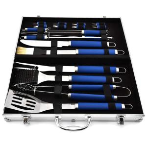 Kit Churrasco na Grelha 16 Peças de Aço Inoxidável com Estojo de zenamento, NBQABN, Azul