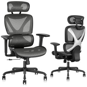 Cadeira de Escritório Ergonômica Giratória com Apoio de Braços, Suporte Lombar Ajustável e Apoio de Cabeça, GABRYLLY, Cinza