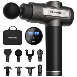 Massageador Pistola Elétrico Profissional Sem Fio 12 Acessórios e 7 Velocidades, DACORM Y8, Cinza