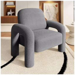 Poltrona Dewhut em tecido sherpa cinza, cadeira decorativa estofada com braços curvos tipo tromba de elefante