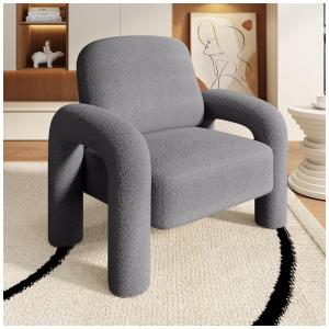 Poltrona Dewhut em tecido sherpa cinza, cadeira decorativa estofada com braços curvos tipo tromba de elefante