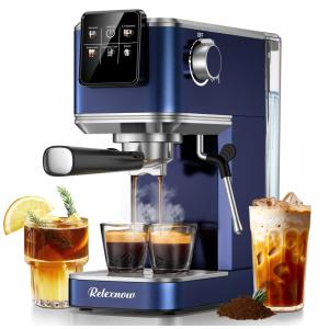 Cafeteira Espresso RELEXNOW Azul 20 Bar LCD 1,2L Vaporizador de Leite Café Quente e Gelado 110V