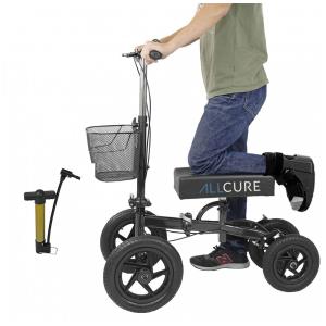 Andador 4 Rodas Dobrável com Cesta e Apoio para Joelho Ideal para Lesões Suporta 136kg, ALLCURE, Preto