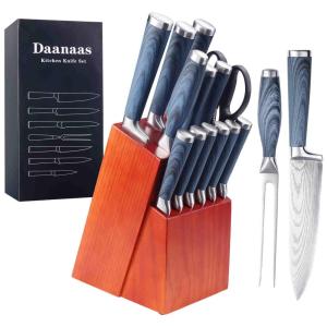 Conjunto de Facas Daanaas em Aço Inoxidável com Bloco de Bancada Multinível, 16 Peças, Azul