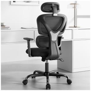 Cadeira de Escritório Ergonômica Giratória com Apoio de Braços, Suporte Lombar 3D Ajustável e Apoio de Cabeça, SYTAS , Preto