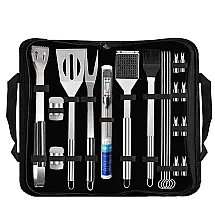 Kit Churrasco na Grelha 20 Peças de Aço Inoxidável e Termômetro com Estojo de zenamento, SXDTHY, Prateado