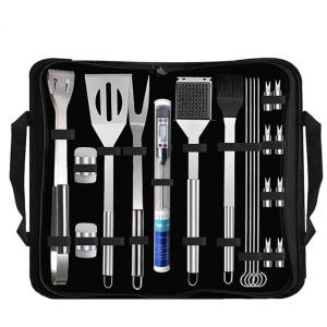 Kit Churrasco na Grelha 20 Peças de Aço Inoxidável e Termômetro com Estojo de zenamento, SXDTHY, Prateado