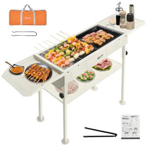 Churrasqueira a Carvão com Revestimento Inoxidável e Ganchos de Prateleira, ENJOIN, Branca