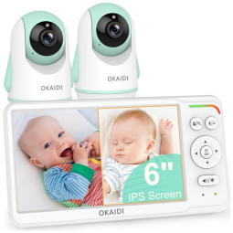 Babá Eletrônica com Monitor de 6 IPS e 2 Câmeras, Áudio, Bateria de 30H, Modo ECO e Conversação, Semn WiFi, OKAIDI, Branca e Verde