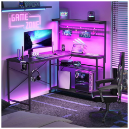 Mesa Gamer de Fibra de Carbono com Prateleiras de 4 Níveis, Luz LED, Suporte de CPU e Tomadas, 110V, Bestier