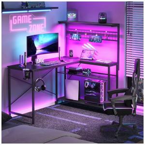 Mesa Gamer de Fibra de Carbono com Prateleiras de 4 Níveis, Luz LED, Suporte de CPU e Tomadas, 110V, Bestier