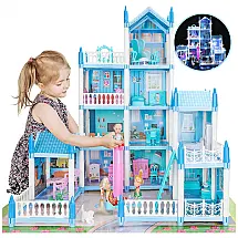 Casa de Bonecas com Acessórios e 4 Andares e Luzes LED para Crianças de 6 Anos a 12 Anos, GirlDiary, Azul