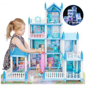 Casa de Bonecas com Acessórios e 4 Andares e Luzes LED para Crianças de 6 Anos a 12 Anos, GirlDiary, Azul