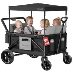 Carrinho de Passeio Wagon 4 Lugares MomZi Preto com Assentos Removíveis Dobra Plana Capacidade 90kg