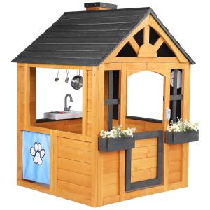 Casa Infantil Jocoevol em Cedro com Cozinha Completa, Porta para Pets, Pia, Fogão, Utensílios, Janelas, 1,2m de Altura.