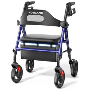 Andador Dobrável para Idoso, com Assento, Rodas Grandes de 20 cm para Todos os Terrenos, Altura Ajustável e Suporta até 158 kg, HOMLAND