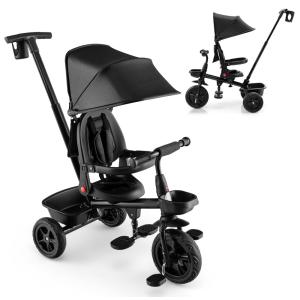 Triciclo Infantil com Alça e Capota Ajustáveis, Assento Reversível, Cinto de Segurança, Pedal Dobrável, Porta-Copos e Armazenamento