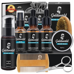 Kit para Barba Profissional Portátil com Cera e Pente, 7 Itens, GOLDWORLD, Preto