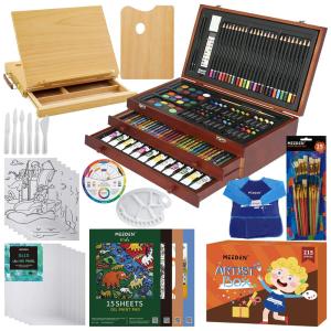Kit de Pintura Artística Profissional Portátil com Maleta de Madeira, 217 Peças, MEEDEN, Marrom