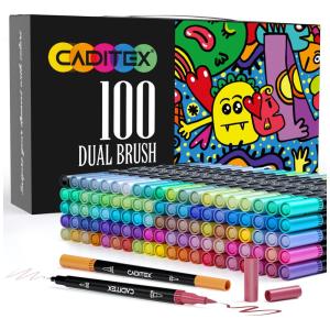 Conjunto de Canetas Artisticas 100 Cores com Pontas Duplas para Desenho Artístico, CADITEX