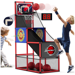 Jogo de Basquete Arcade Infantil com 4 Bolas, Placar Eletrônico e Bomba de Ar para Ambientes Internos e Externos, HYES, Vermelho e Preto