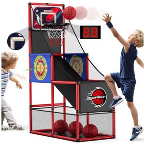 Jogo de Basquete Arcade Infantil com 4 Bolas, Placar Eletrônico e Bomba de Ar para Ambientes Internos e Externos, HYES, Vermelho e Preto