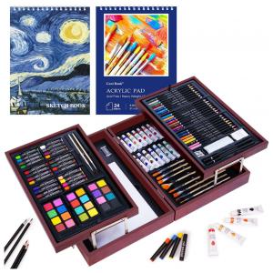 Kit Lápis de Cor Profissional com Maleta de Madeira 126 peças Tintas Acrílicas, Aquarela, COOL BANK CB doublebox, Marrom