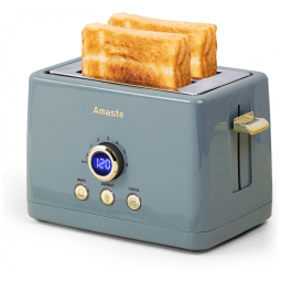 Torradeira Amaste 2 Fatias Retro Azul Acinzentado, Timer Digital LED, 6 Níveis, Bagel, Descongelar, Bandeja Removível, MT-01 850W 110V