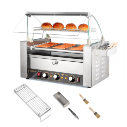 Máquina de Cachorro Quente até 18 Salsichas com Aquecedor de Pão, Tampa, Controle de Temperatura Dupla, Luz LED, Prateleira Removível