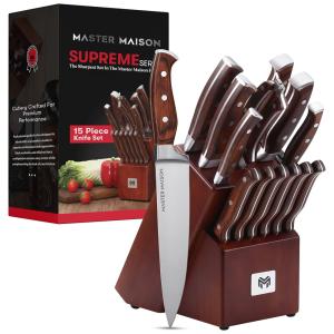 Conjunto de Facas em Aço Inoxidável com Bloco de Bancada, 15 Peças, MASTER MAISON, Marrom