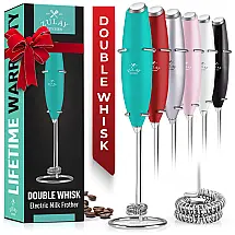 Espumador Elétrico de Leite a Bateria com Suporte, ZULAY KITCHEN Twin Whisk 12,500 RPM, Azul