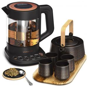 Chaleira elétrica de vidro com infusor Vianté Luxury Tea Set preta 1,5L com controle digital e função manter aquecido KET-100BK, 110V