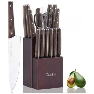 Conjunto de Facas Cookit em Aço Inoxidável com Bloco de Bancada Multinível, 15 Peças, Marrom
