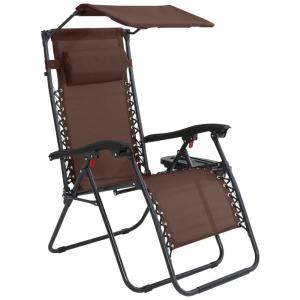 Cadeira Reclinável Ajustável Gravidade Zero com Apoio de Cabeça e Porta Copos e Cobertura de Sombra, ABCCANOPY Patiochair with shade, Marrom