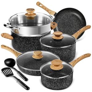 Conjunto de Panelas Antiaderentes de Pedra e Utensílios, 12 Peças, MICHELANGELO, Preto