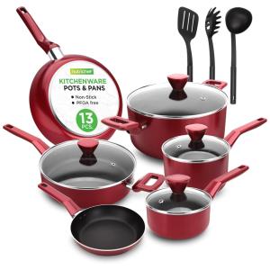 Conjunto de Panelas Antiaderentes e Utensílios, 13 Peças, NUTRICHEF NCCWA13RD, Vermelho