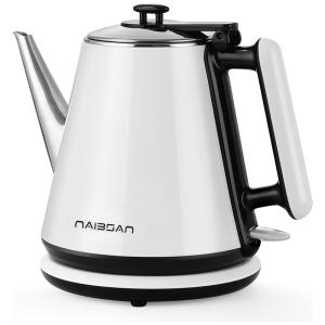 Chaleira Elétrica 1L em Aço Inoxidável com Proteção Contra Fervura e Desligamento Automático, 110V 1000W, Naibsan, Branca e Prata