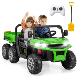 Caminhão Basculante Elétrico Infantil OLAKIDS Verde 24V 2 Lugares 4WD 6x6 Caçamba Elétrica Suspensão Controle Remoto 4x90W