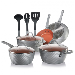 Conjunto de Panelas e Frigideiras Antiaderentes em Cerâmica com Utensílios, 11 Peças, NutriChef, Cinza