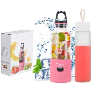 Mini Liquidificador Portátil 500mL com Garrafa e 6 Lâminas Afiadas, 180W, BOSSKO THE WAY, Rosa