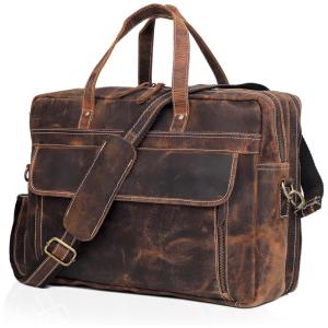 Bolsa Carteiro Masculina de Couro de Búfalo para Laptop com 17 Polegadas, Cuero, Marrom