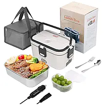 Marmita Elétrica Portátil 3 em 1, 1,8L com Bolsa para Transporte, Garfo e Colher, 12V 24V e 110V, Liangding, Cinza e Branco