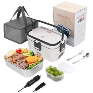 Marmita Elétrica Portátil 3 em 1, 1,8L com Bolsa para Transporte, Garfo e Colher, 12V 24V e 110V, Liangding, Cinza e Branco