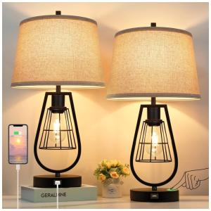 Kit 2 Luminárias de Mesa Vintage em Metal com USB e Abajur de Tecido, VERRON T0380 BK AP 27, Preto