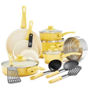 Conjunto de Panelas Antiaderente Revestida de Cerâmica e Utensílios, 16 Peças, Amarela, GREENLIFE CC003402 001, Amarelo