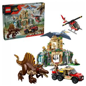 LEGO Jurassic World Spinosaurus & Quetzalcoatlus Air Mission conjunto de construção 984 peças com templo, helicóptero e minifiguras